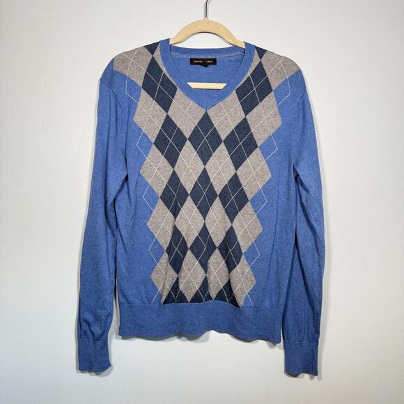Banana Republic Argyle Sweater Small Silk Cashmere Blend V-Neck Blue Preppy Knit - Picture 2 of 7
